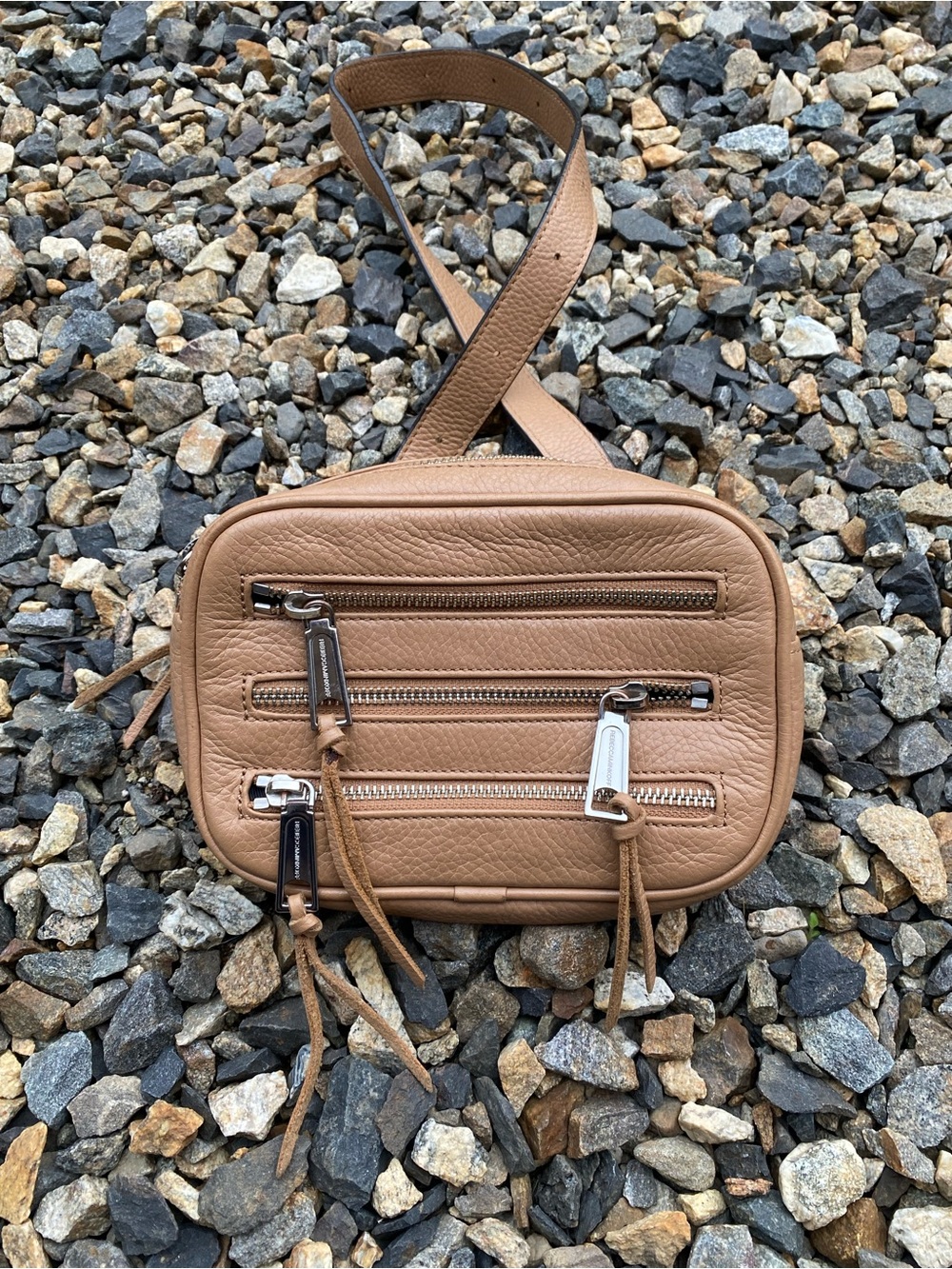 Rebecca Minkoff Tan Leather Crossbody Belt Bag with Front Zip Pockets